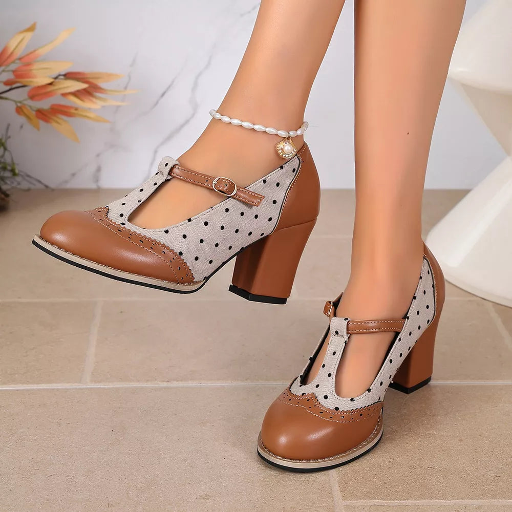 Point Toe Block Heels Pumps in tan with point toe