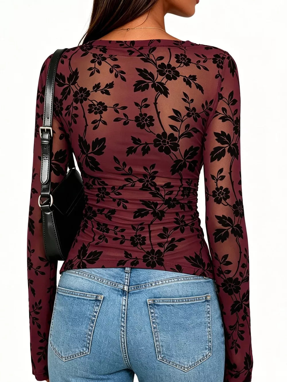 Slim Fit Floral Print Long Sleeve Top in Blue with stretch