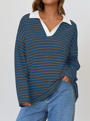 Oversized blue and brown striped long-sleeve sweatshirt with white collar and V-neck
