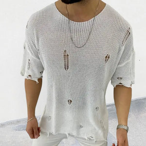 Ivory open-knit destroyed crewneck tee with short sleeves and raw hem.