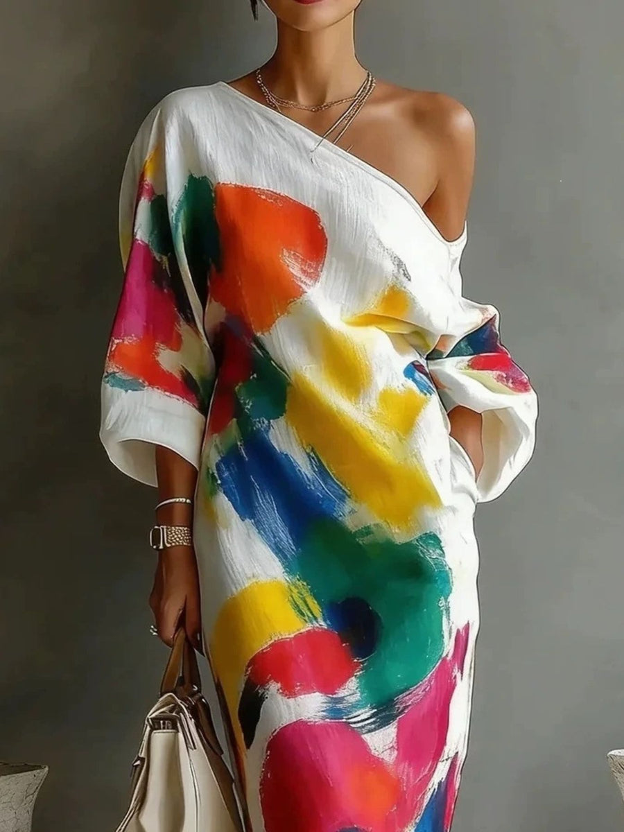 fuchsia maxi dress featuring one-shoulder and abstract