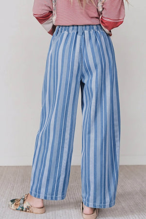 white jeans featuring drawstring waist and striped
