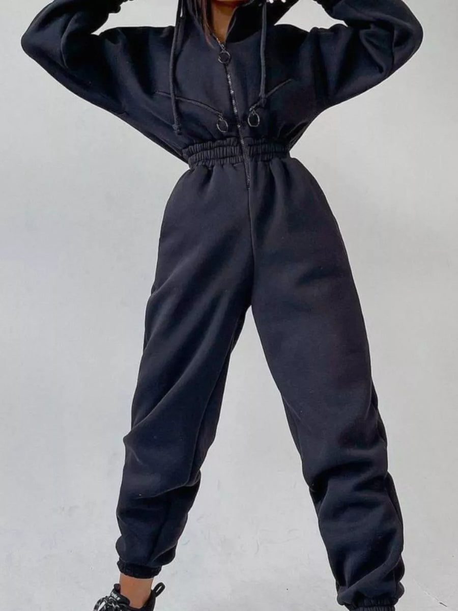 White jumpsuit with full-length and zip-front