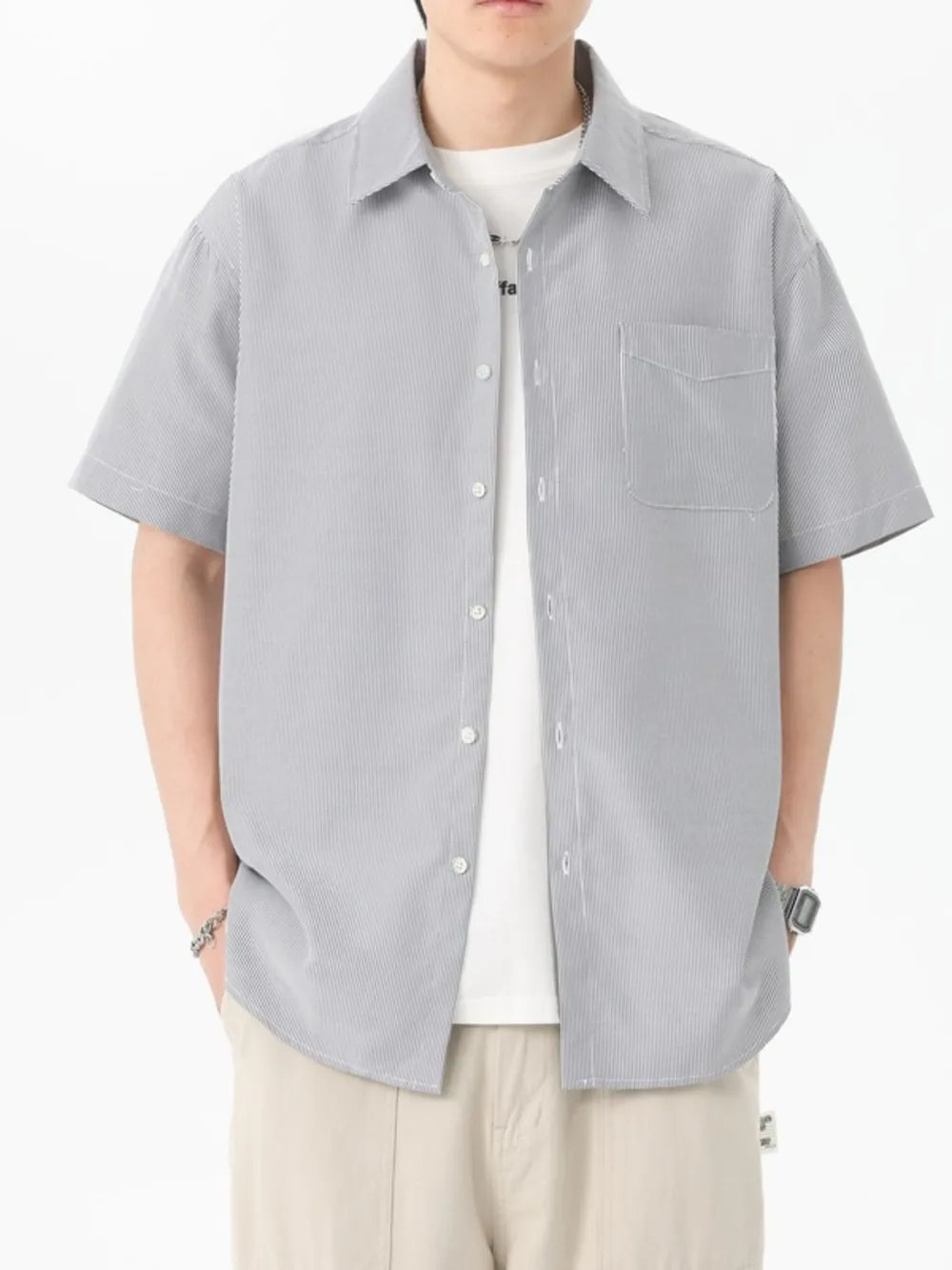 Blue Button-down Oversized Short-sleeve Top