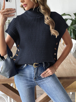 Ribbed Turtleneck Sweater Vest With Buttons in Navy Blue with ribbed