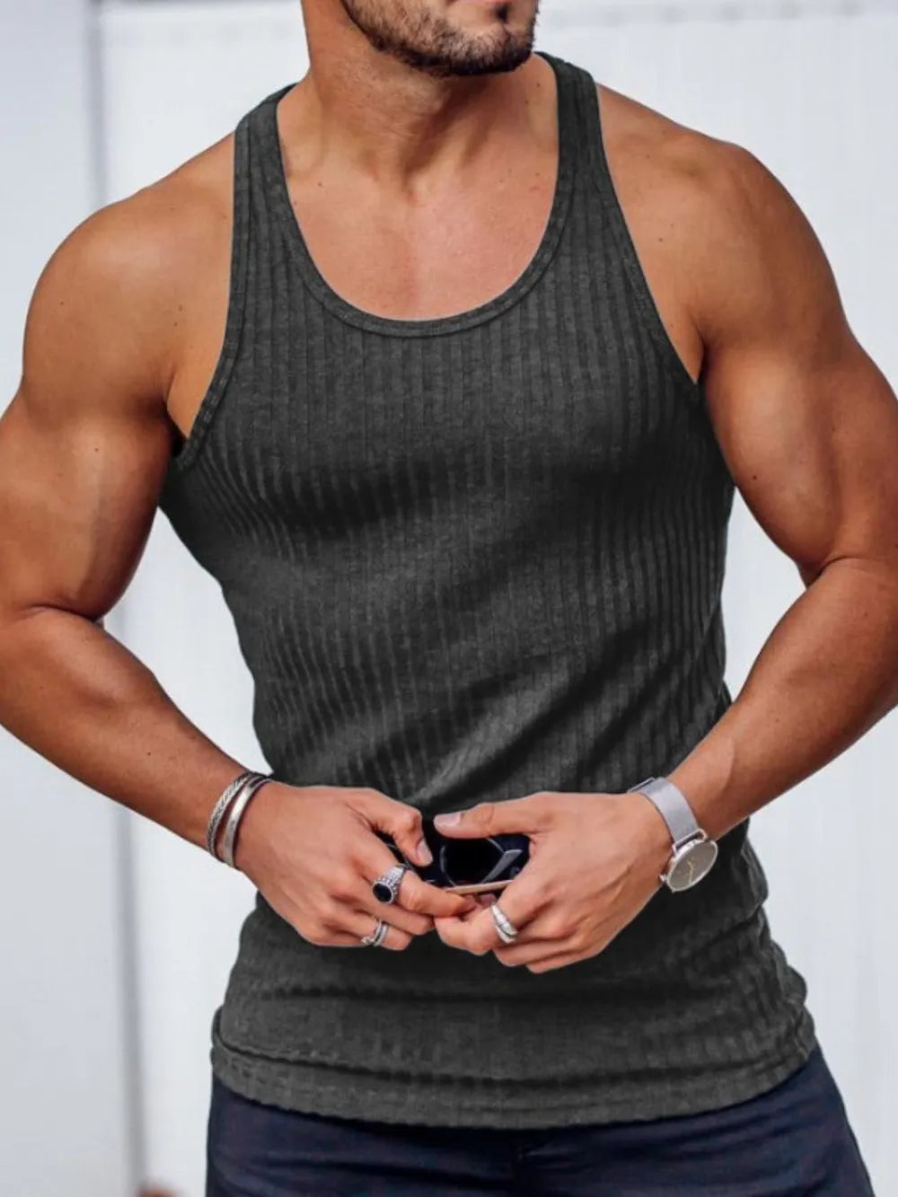 Dark Gray ribbed muscle tank top with a scoop neck, showing a sculpted fit.