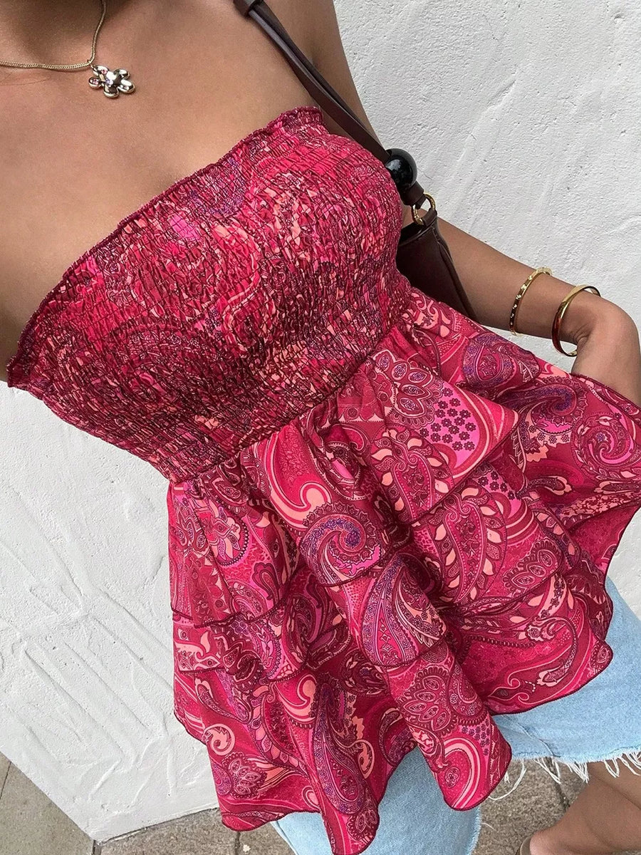 Smocked Layered Paisley Print Tube Top option 6
