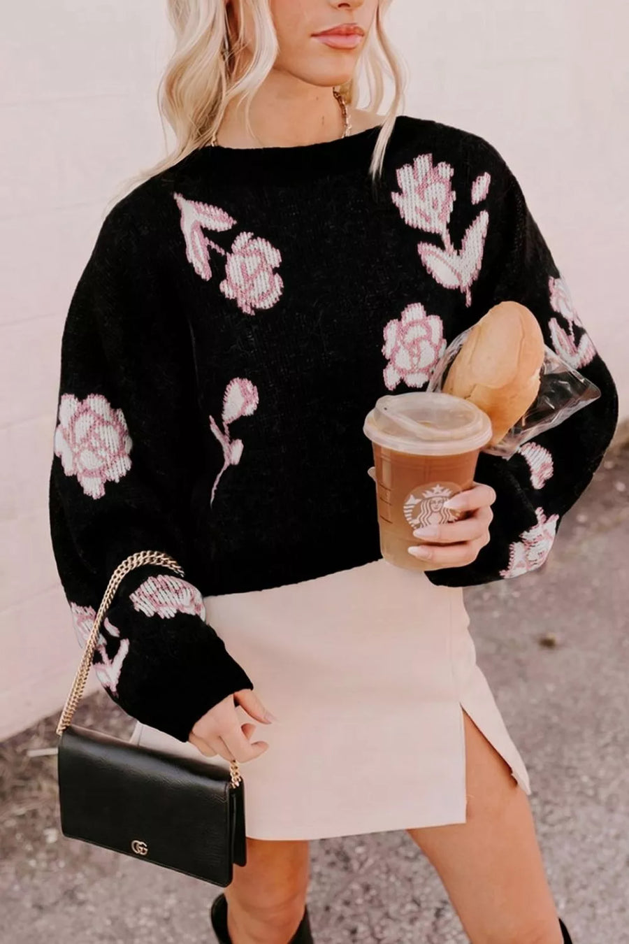 pullover sweater in Black with floral and dropped shoulder
