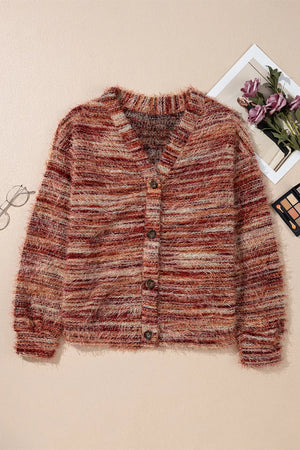 Fuzzy Striped Button Front Cardigan Sweater option 8