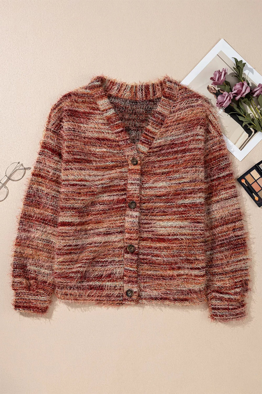 Fuzzy Striped Button Front Cardigan Sweater option 8