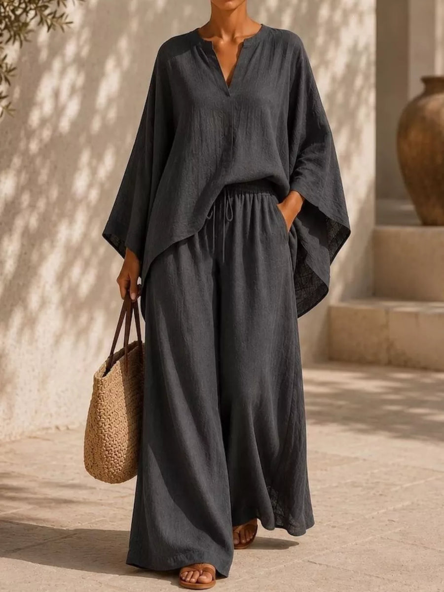 Notched Long Sleeve Top And Wide-leg Pants Set in Light Blue