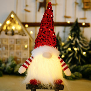 Light-Up Sequin Gnome Trio with red sequin hat and striped sleeves, battery operated decor