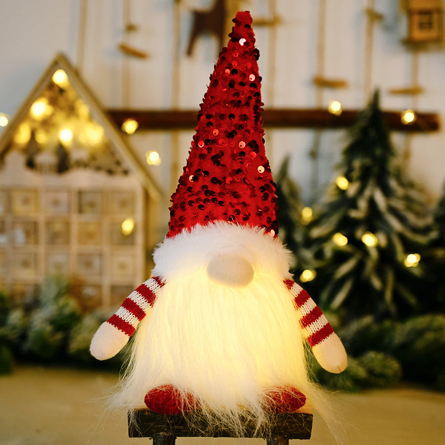 Light-Up Sequin Gnome Trio with red sequin hat and striped sleeves, battery operated decor