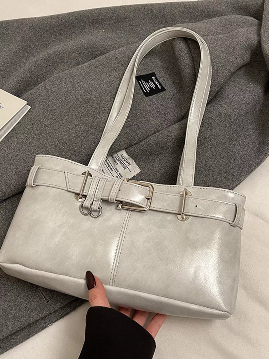 Gray shoulder bag with buckle detail and silver hardware