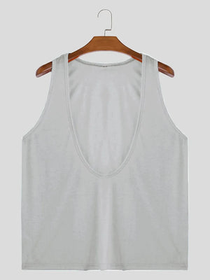 Gray deep plunge tank top with a wide neckline and casual basic style.