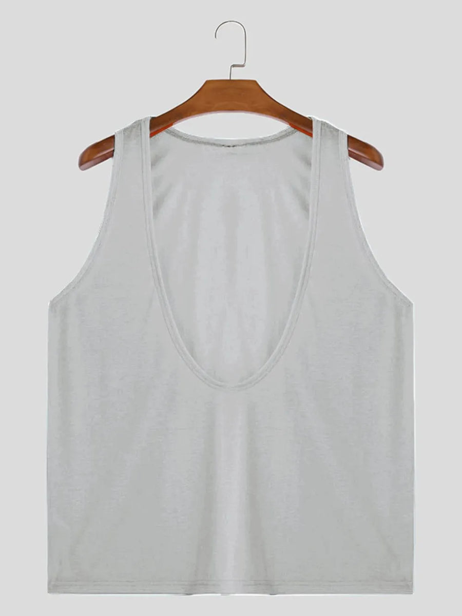 Gray deep plunge tank top with a wide neckline and casual basic style.
