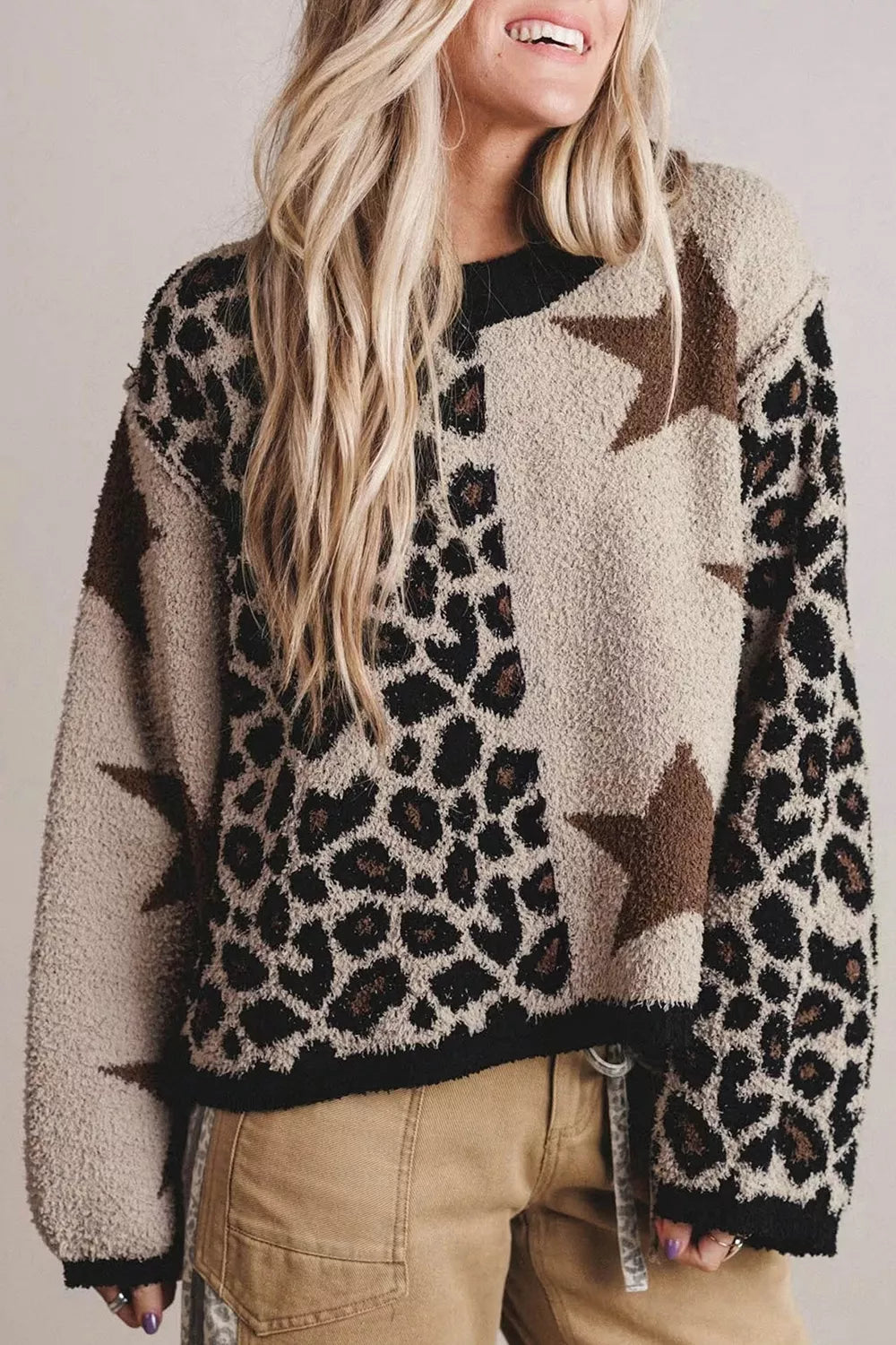beige pullover sweater with leopard-print, animal-print, star and crew neck