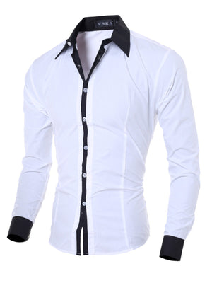 Men's white slim fit long sleeve shirt with black collar, placket, and cuffs.