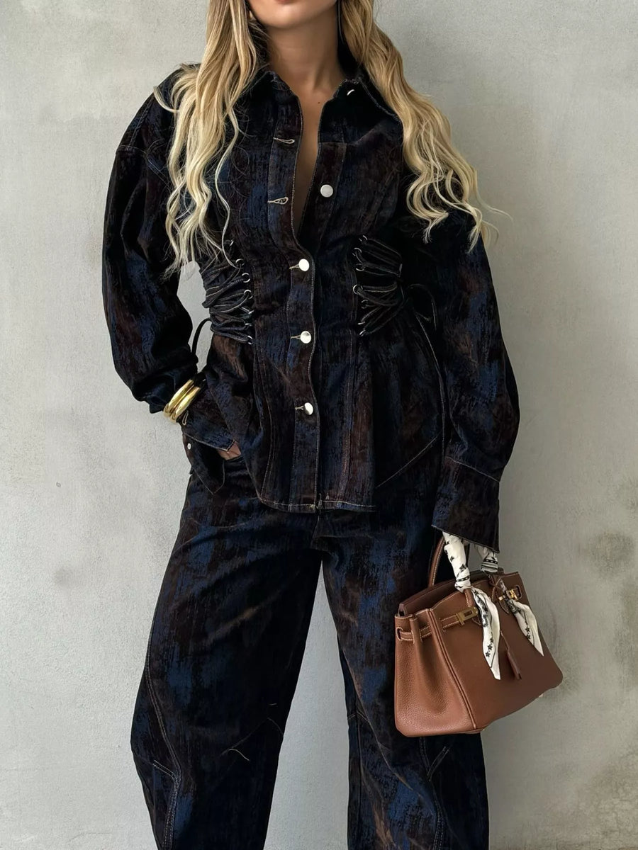Lace-up denim jacket and pants set in dark blue with a cinched waist detail.