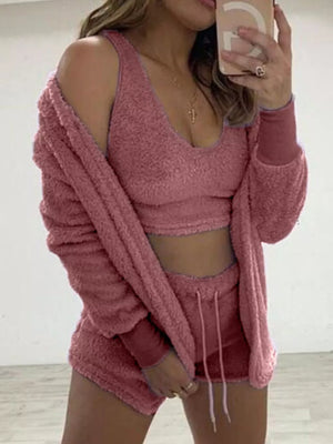Fuzzy Tank, Cardigan & Shorts Three-piece Set in Cyan with ribbed