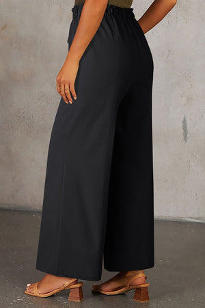 Black cropped drawstring pants with elastic waist and wide leg.