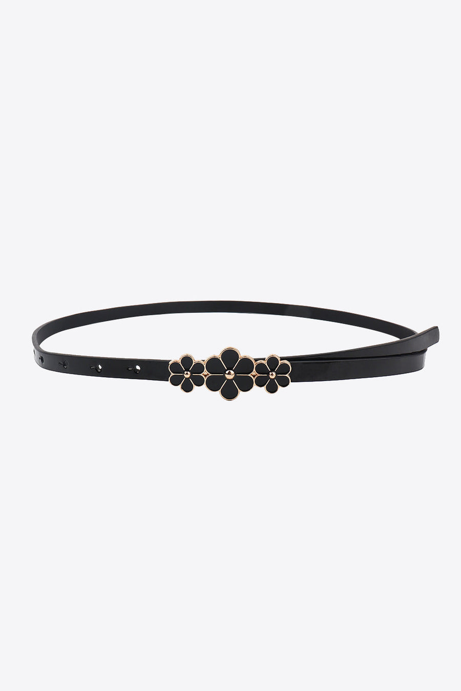 Black skinny belt with gold trim and black floral embellishments