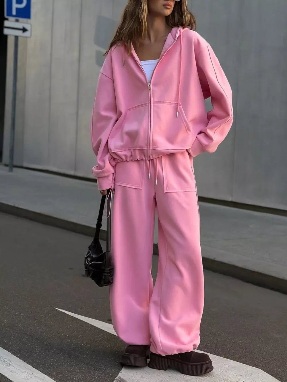 Oversized Zip-up Hoodie And Wide-leg Pants Set in Brown, view 20