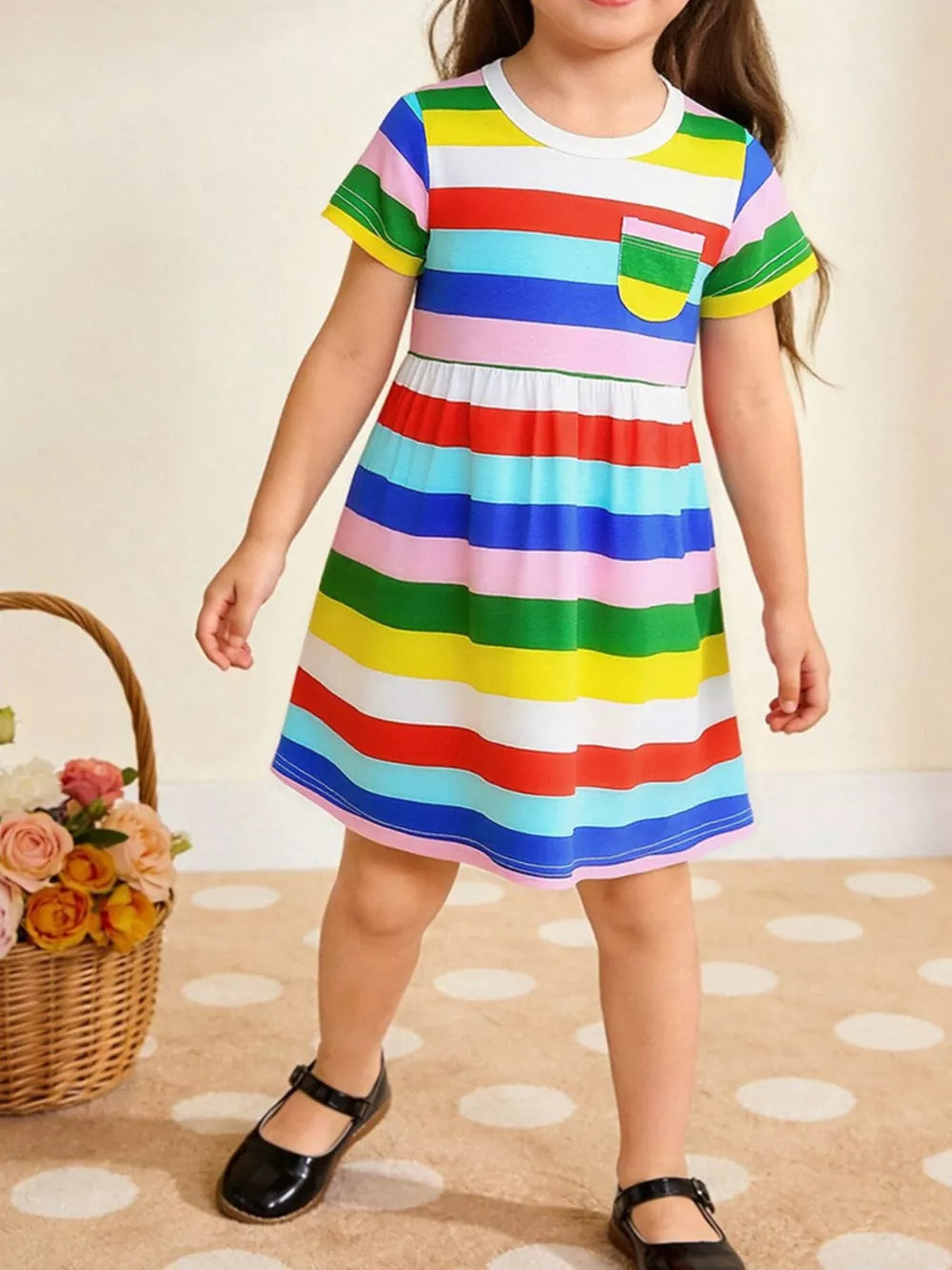 Toddler rainbow striped cotton dress with short sleeves and a chest pocket.