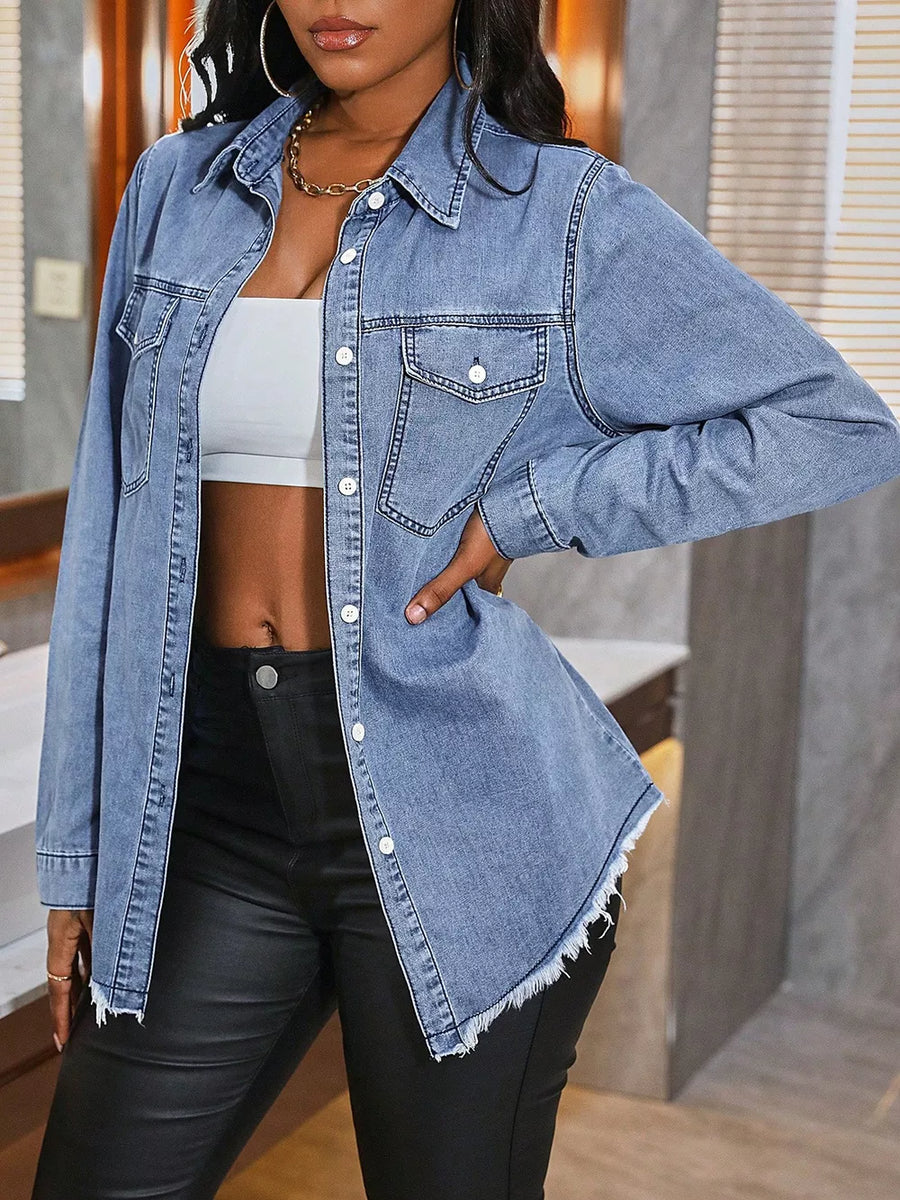 Raw Hem Button Up Denim Shirt option 4
