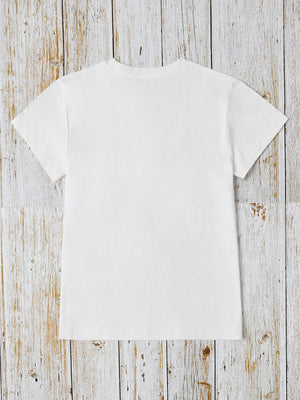 White basic t-shirt with short sleeves and a crew neck, shown from the back.