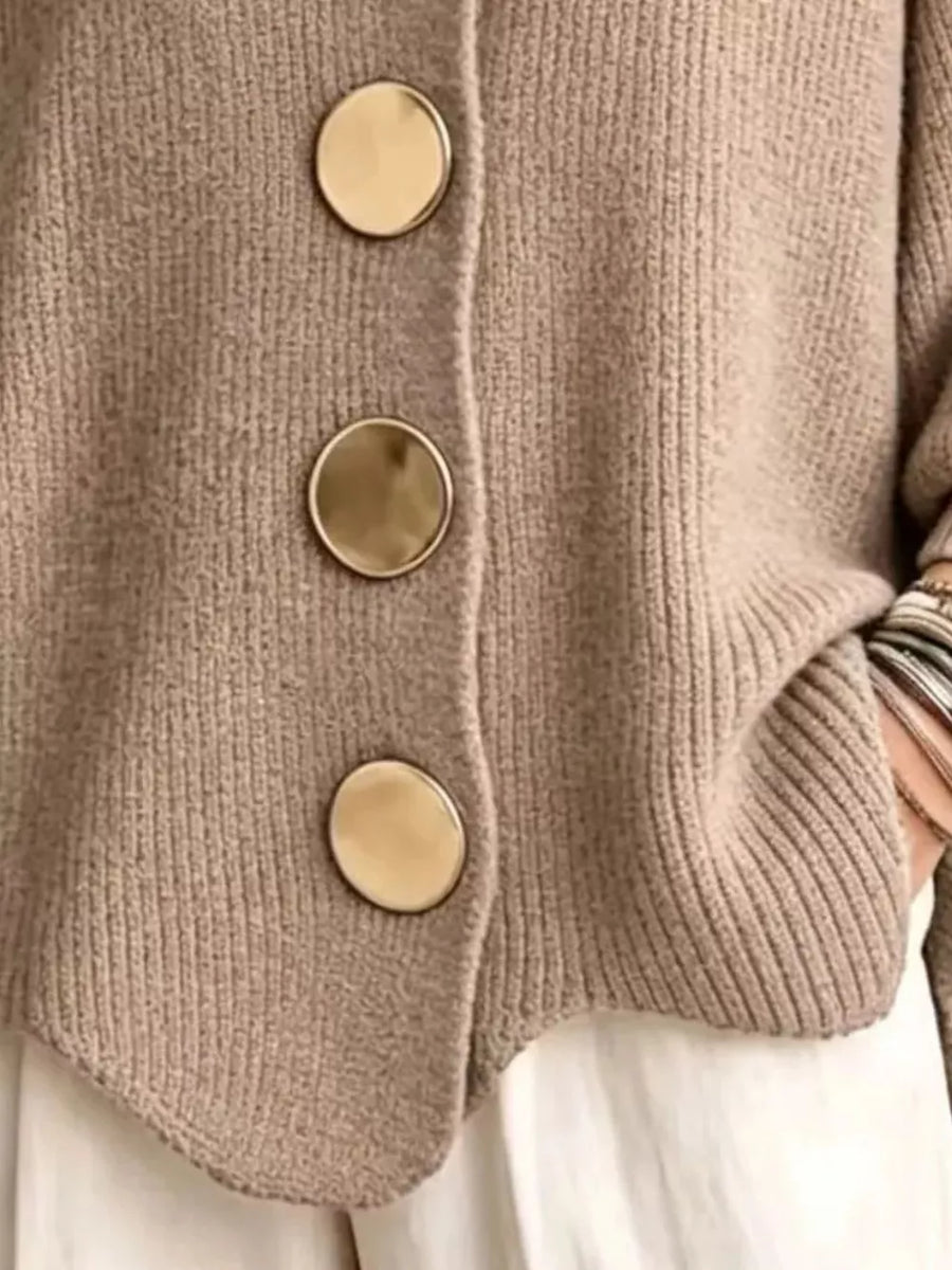 Gold Button Lantern Sleeve Cardigan Plus Size in Khaki with buttoned