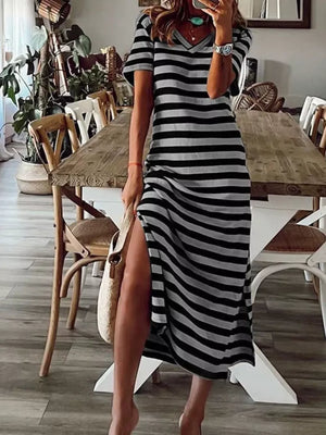Full Size Striped V-neck Midi Dress With Side in Blue