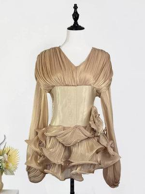 Gold ruffled mini dress with corset waist and long sleeves