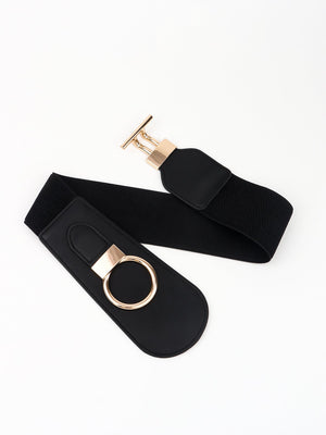 Black elastic belt with gold ring buckle and T-bar closure