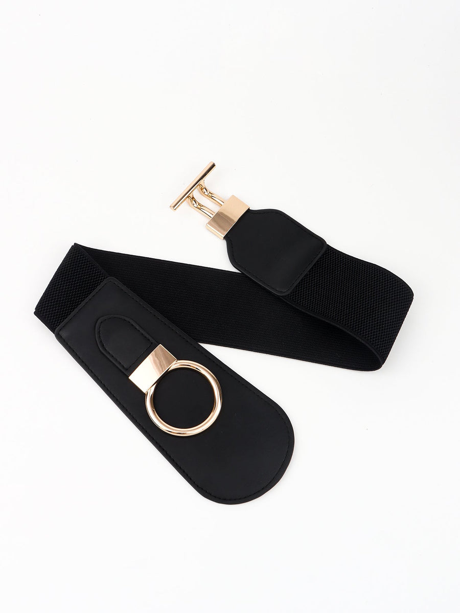 Black elastic belt with gold ring buckle and T-bar closure