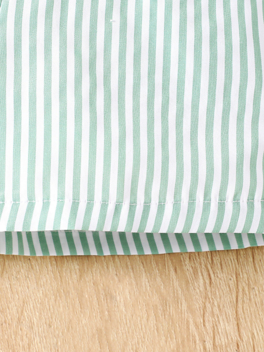 Baby green and white striped cotton tee and shorts set detail