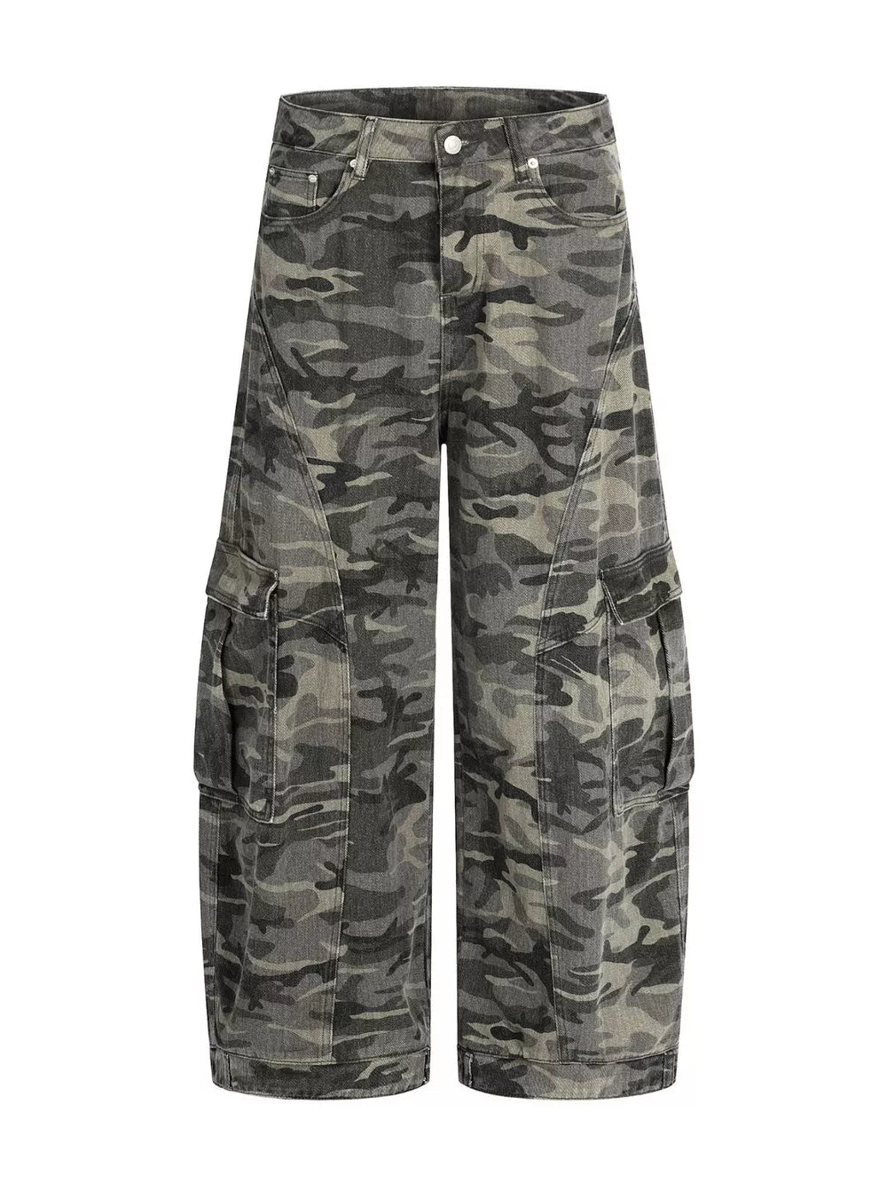 Men's grey camouflage cotton cargo pants with multiple pockets and a relaxed fit.