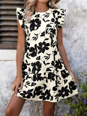 Cream Floral Print Ruffle Sleeve Mini Dress
