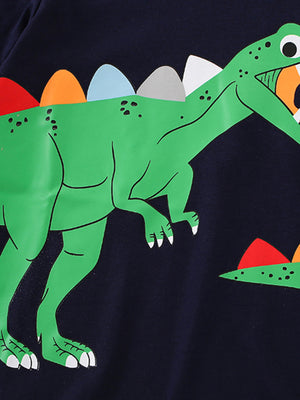 Children's navy short sleeve t-shirt with a green dinosaur graphic and colorful spikes.