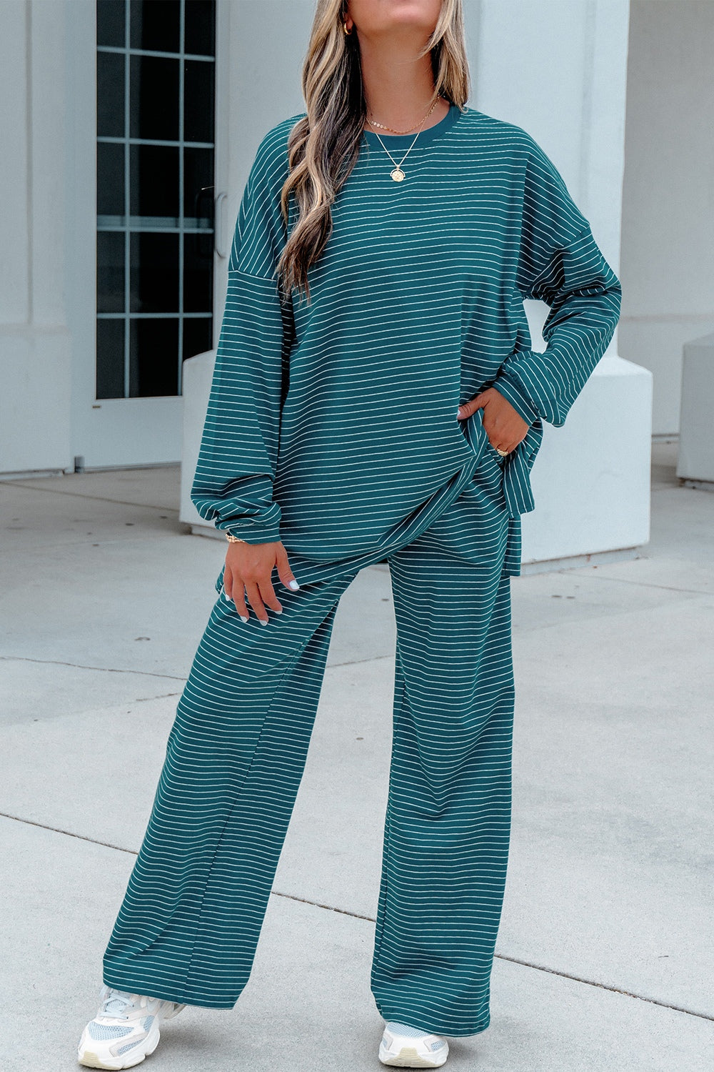 teal lounge set with striped and crew neck
