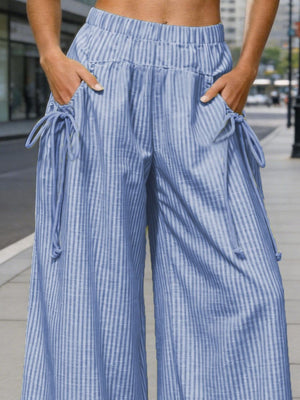 High-Waisted Striped Wide-Leg Pants Plus Size in light gray with pocketed