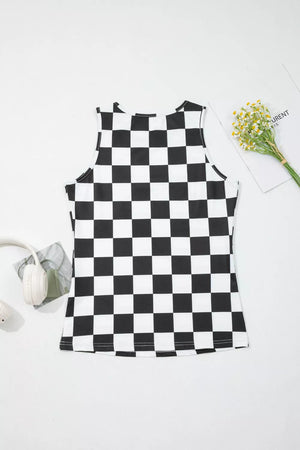 Graphic checkerboard seamless tank top in black and white polyester.