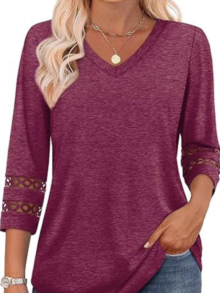Burgundy V-neck t-shirt with 3/4 sleeves featuring cutout lace detail on the cuffs.