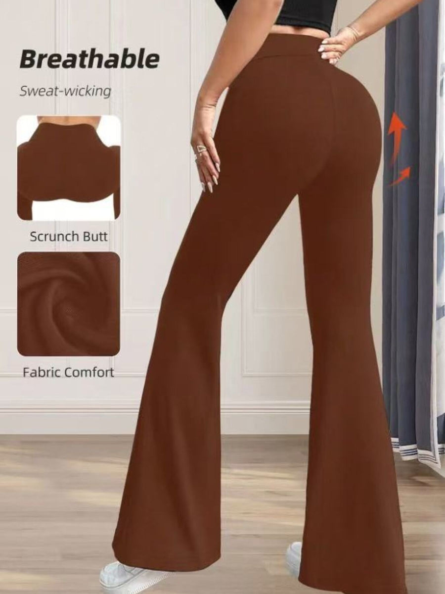 Premium high waist flare pants in caramel cotton with scrunch butt detail.