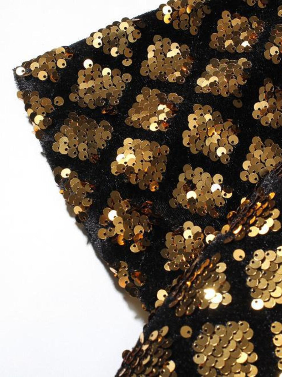 Men's black cotton t-shirt with gold sequin leopard print and round neck.