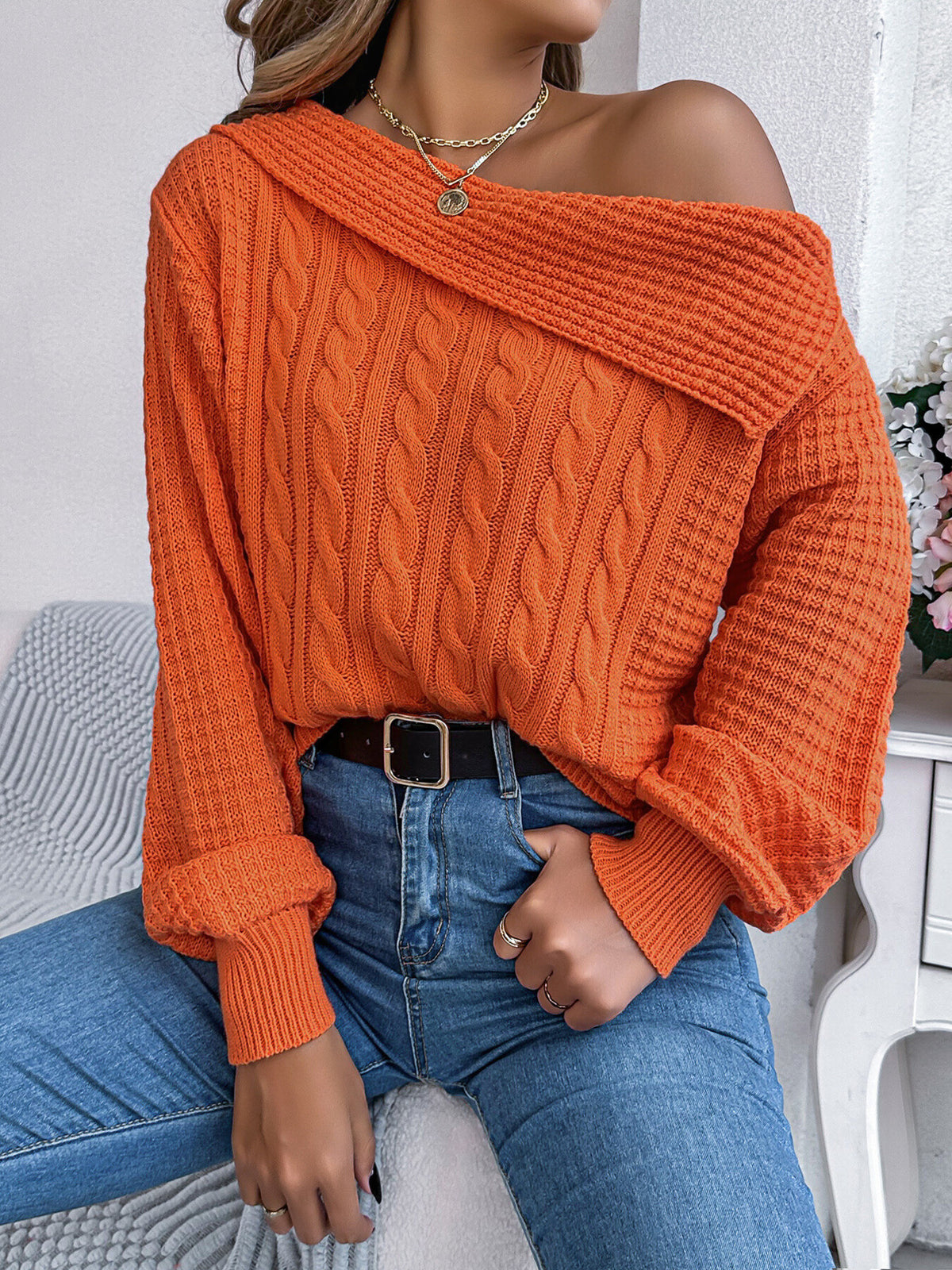 One Shoulder Cable Knit Sweater in Camel with cable-knit