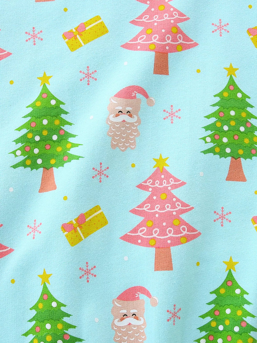 Children's aqua cotton crew neck sweatshirt with Santa, Christmas trees, and gift pattern.