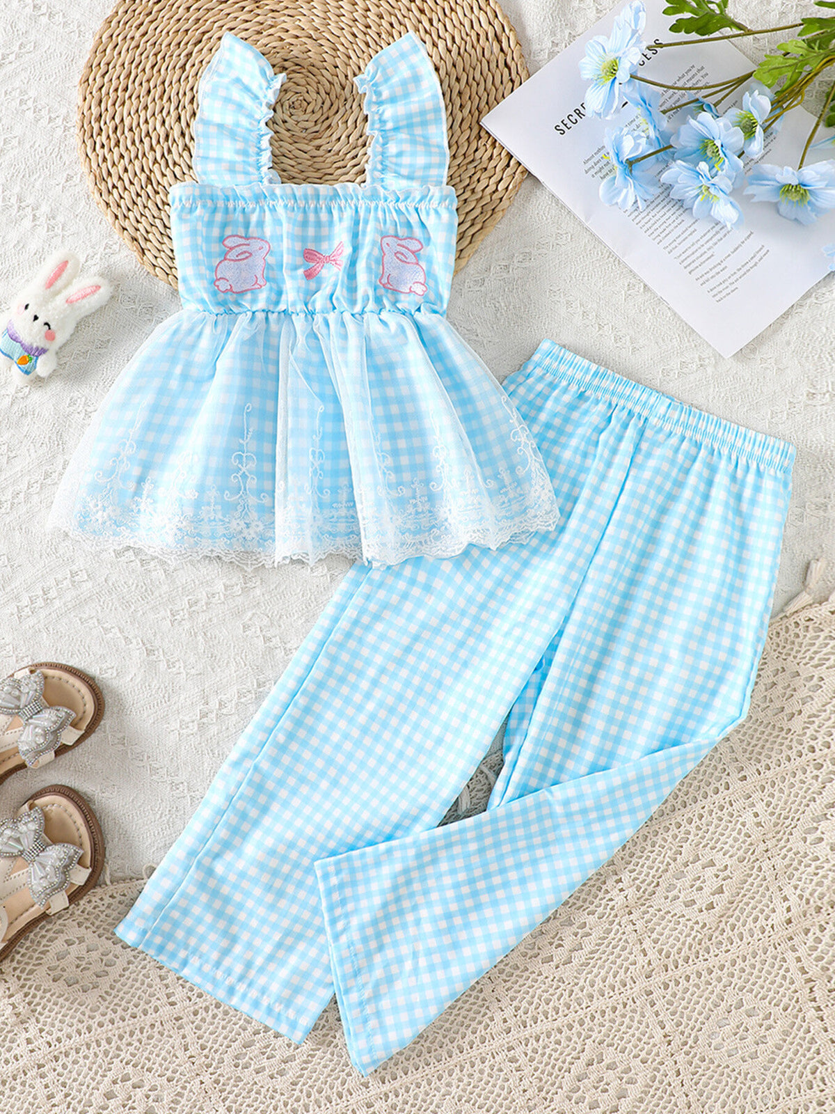 Blue gingham baby set with bunny appliques and lace trim, cotton.