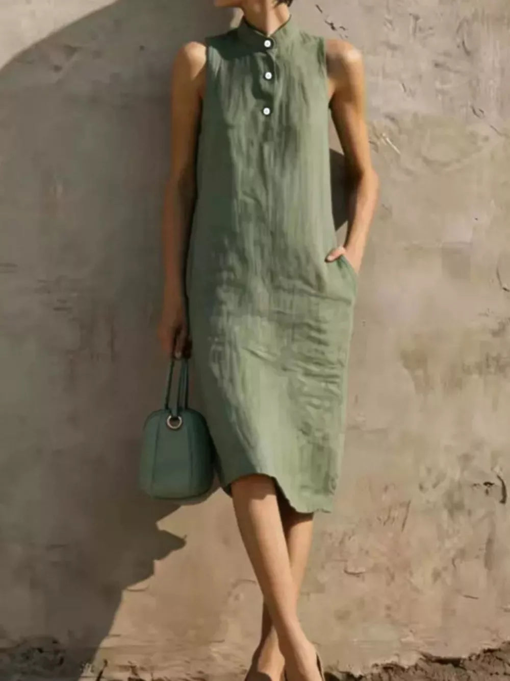 Light Blue Button Detail Sleeveless Midi Dress