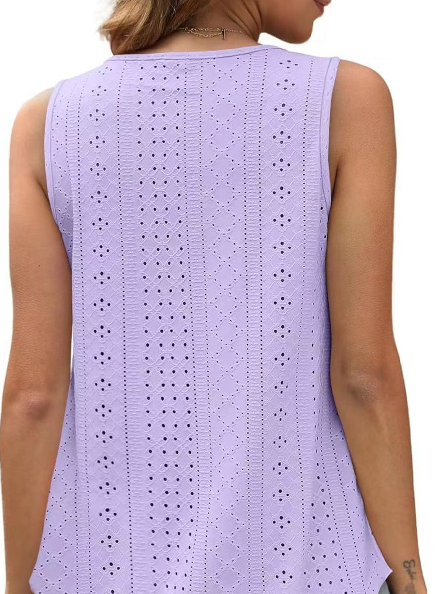 Lavender eyelet scoop neck tank top with intricate cutout details.
